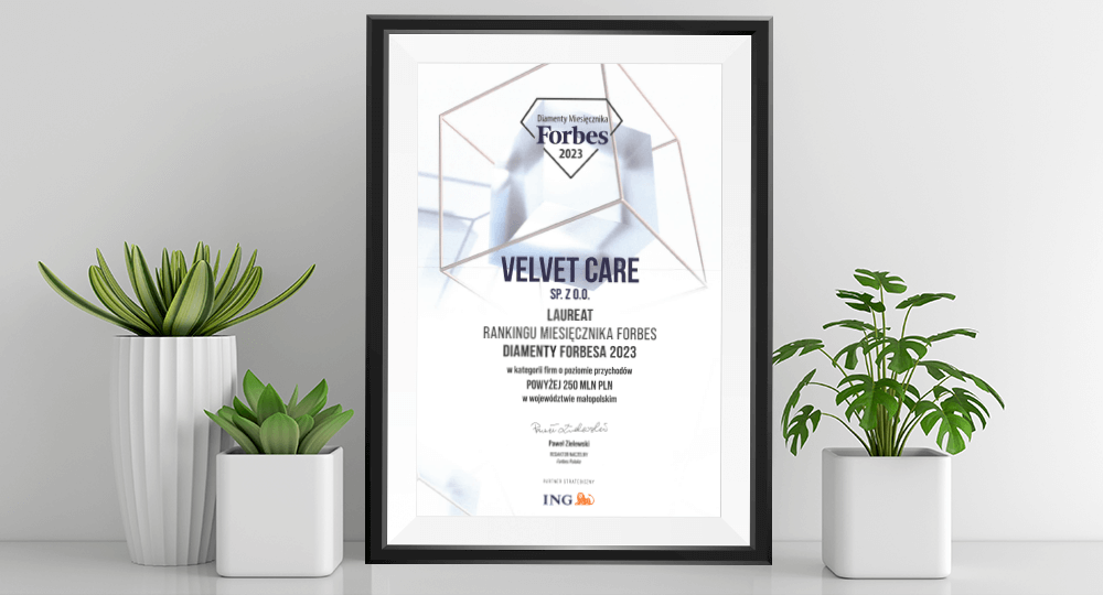 Nagroda Diamenty Forbesa 2023 dla Velvet CARE w kategorii firma o poziomie przychodów powyżej 250 mln złotych w województwie małopolskim.