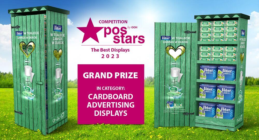 Zdjęcie promocyjne nagrodzonej kartonowej sławojki Velvet w konkursie POS STARS na najlepsze display’e reklamowe.