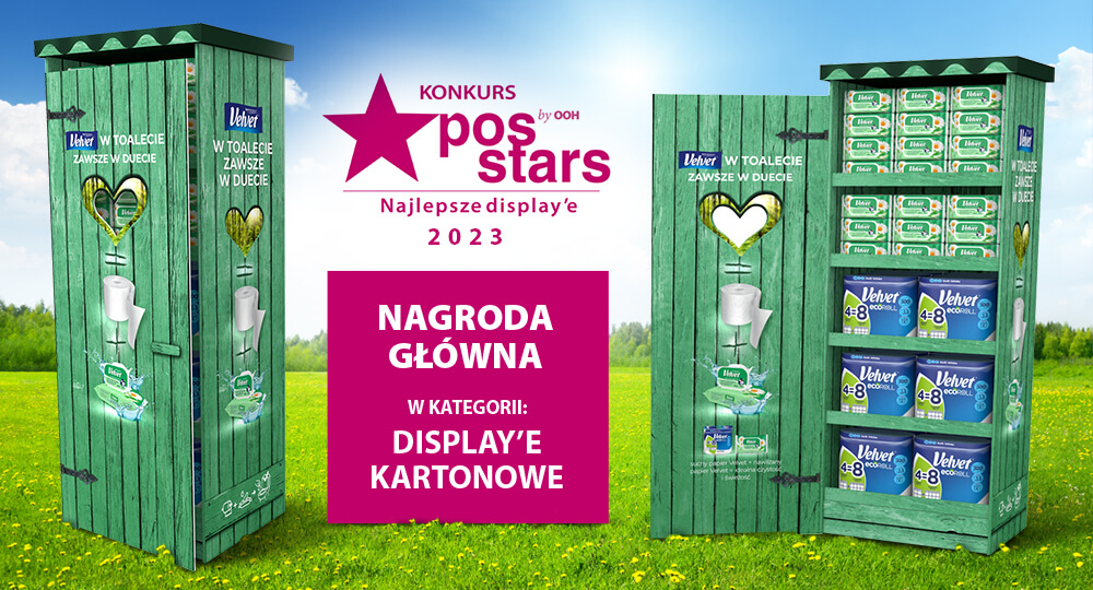 Zdjęcie promocyjne nagrodzonej kartonowej sławojki Velvet w konkursie POS STARS na najlepsze display’e reklamowe.
